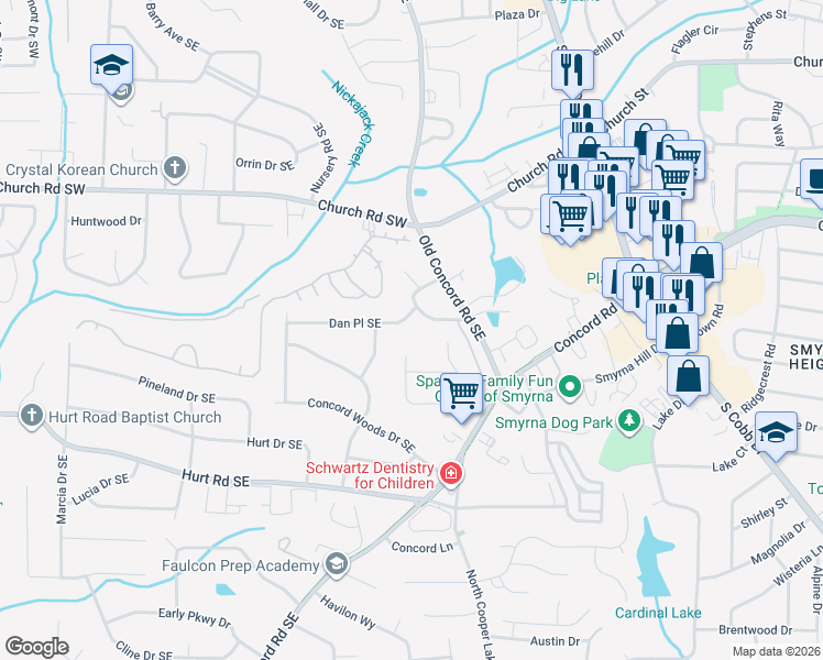 map of restaurants, bars, coffee shops, grocery stores, and more near 472 Dan Place Southeast in Smyrna