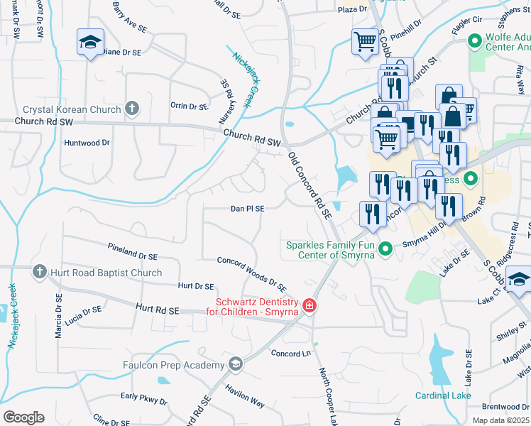 map of restaurants, bars, coffee shops, grocery stores, and more near 473 Dan Place Southeast in Smyrna