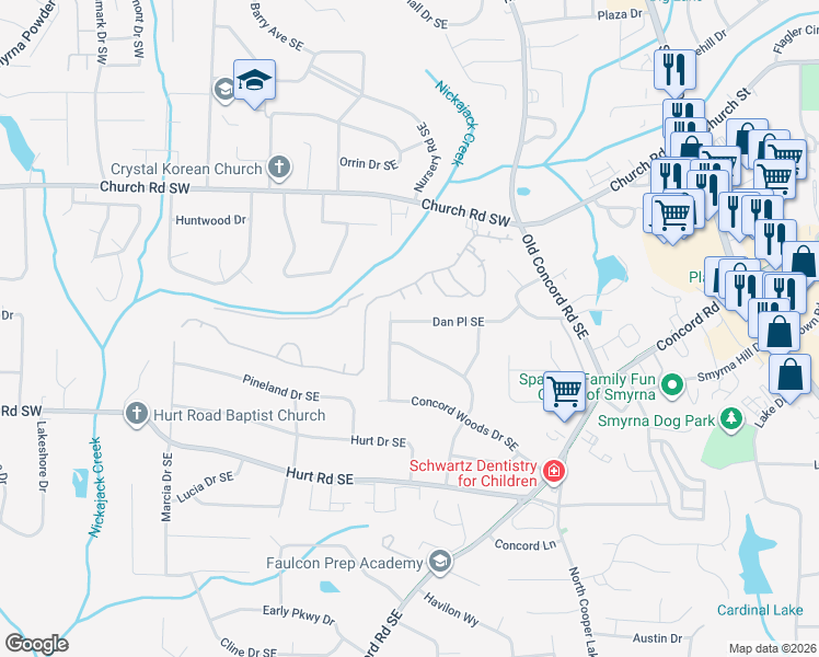 map of restaurants, bars, coffee shops, grocery stores, and more near 348 Dan Place Southeast in Smyrna