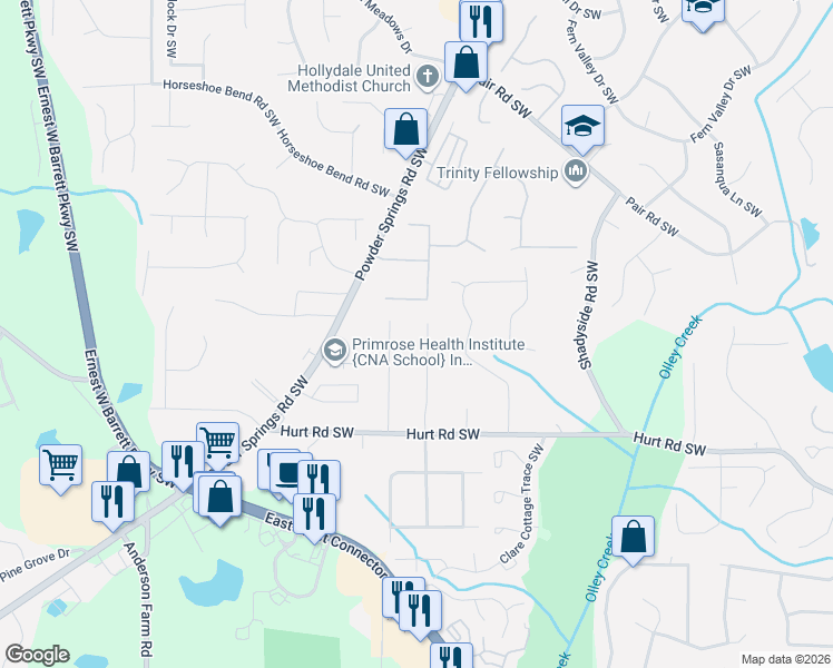 map of restaurants, bars, coffee shops, grocery stores, and more near 3310 Bryan Way Southwest in Marietta