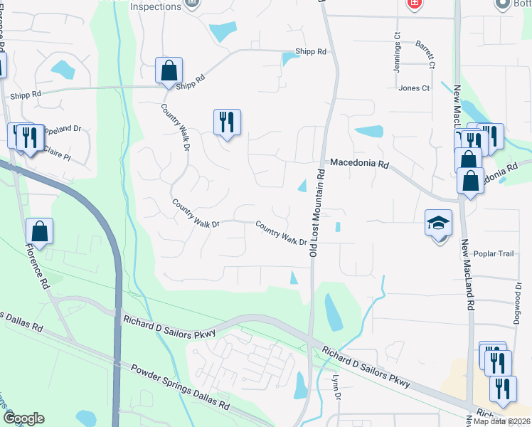 map of restaurants, bars, coffee shops, grocery stores, and more near 3350 Timber Ridge in Powder Springs