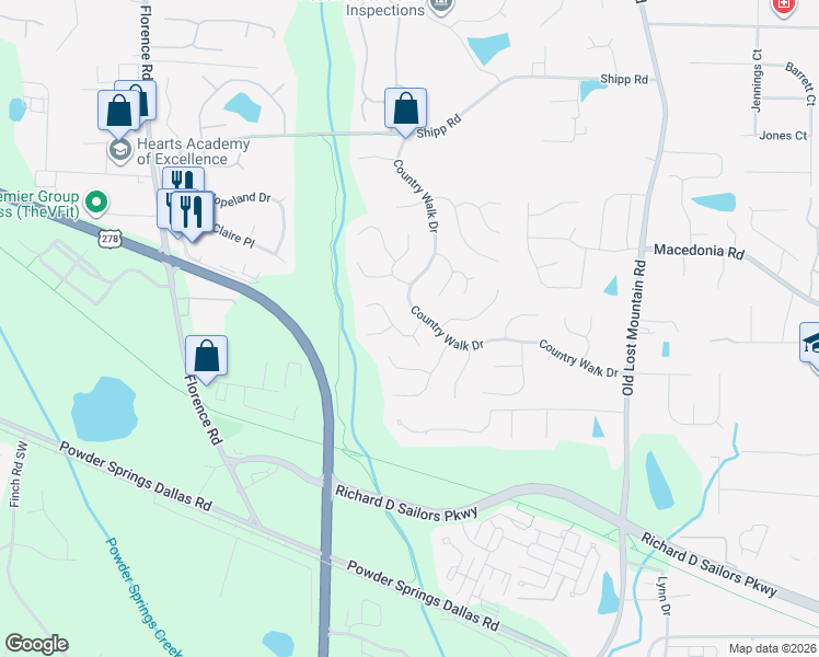 map of restaurants, bars, coffee shops, grocery stores, and more near 3302 Hillside Drive in Powder Springs