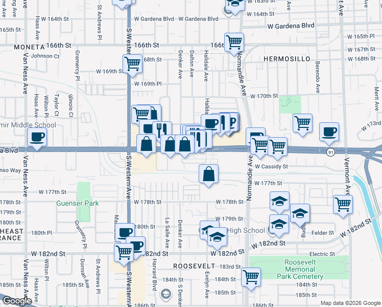 map of restaurants, bars, coffee shops, grocery stores, and more near 1540 Artesia Boulevard in Gardena