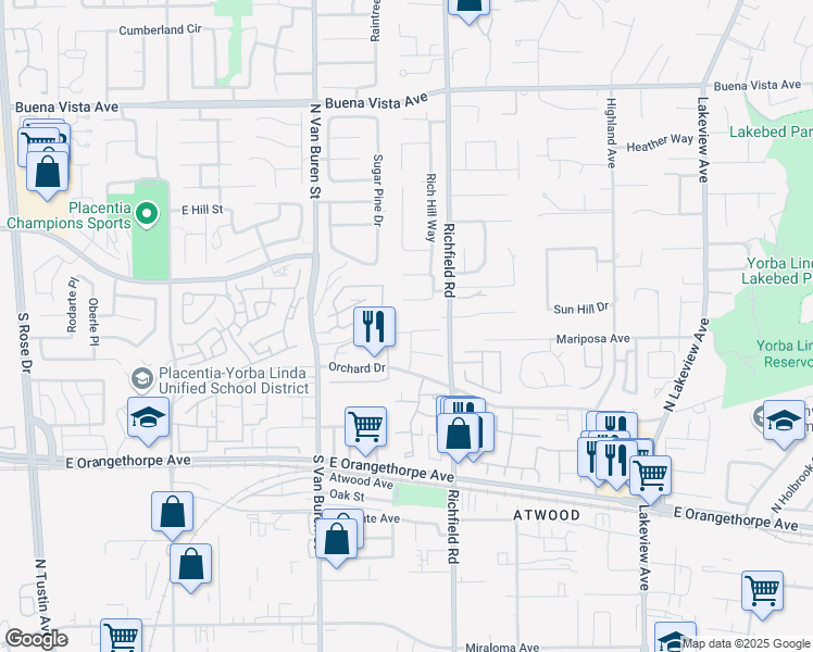 map of restaurants, bars, coffee shops, grocery stores, and more near 6145 Orangegate Drive in Yorba Linda