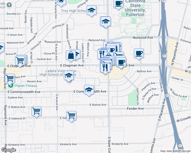 map of restaurants, bars, coffee shops, grocery stores, and more near 2309 East Wilshire Avenue in Fullerton