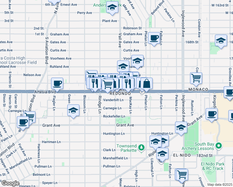 map of restaurants, bars, coffee shops, grocery stores, and more near 2219 Artesia Boulevard in Redondo Beach