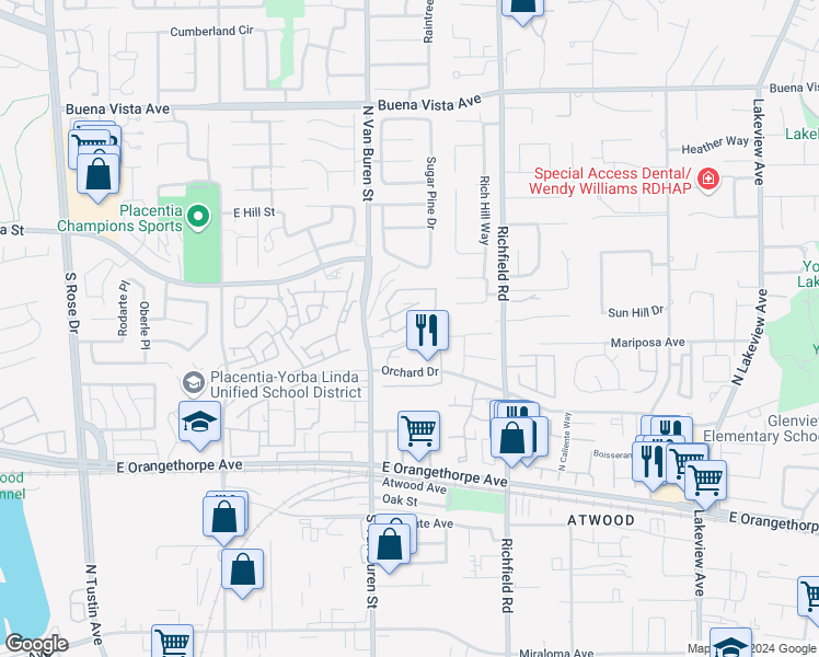 map of restaurants, bars, coffee shops, grocery stores, and more near 1740 Pierce Lane in Placentia