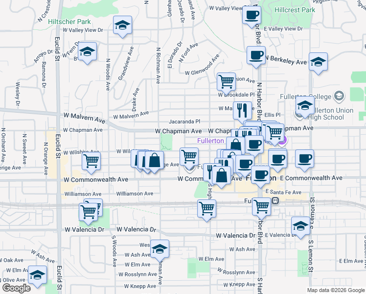 map of restaurants, bars, coffee shops, grocery stores, and more near 301 North Ford Avenue in Fullerton