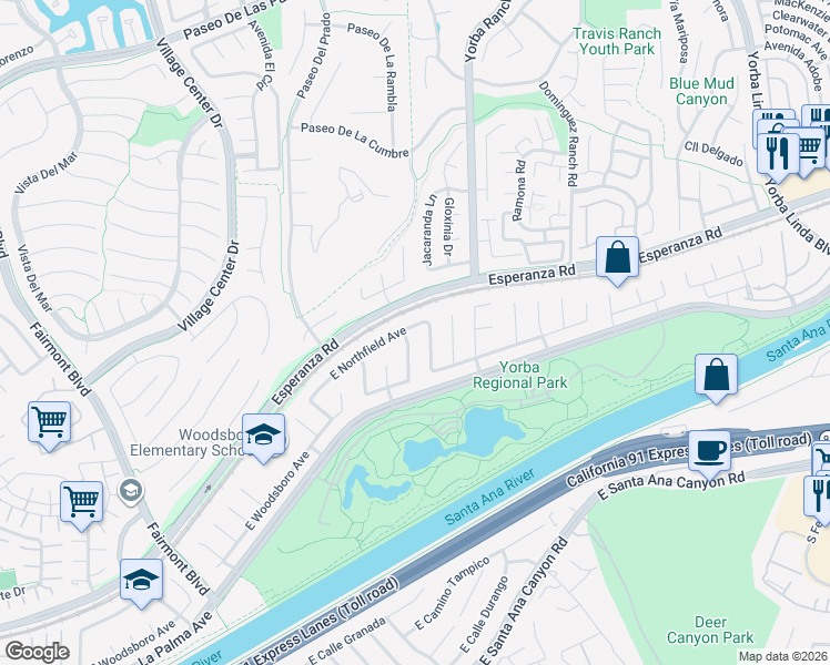 map of restaurants, bars, coffee shops, grocery stores, and more near 7772 East Northfield Avenue in Anaheim