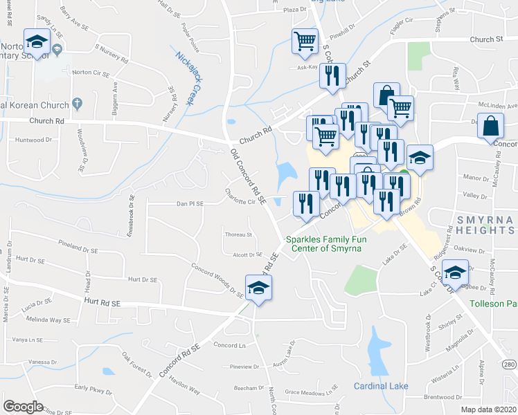 map of restaurants, bars, coffee shops, grocery stores, and more near 3328 Old Concord Road Southeast in Smyrna