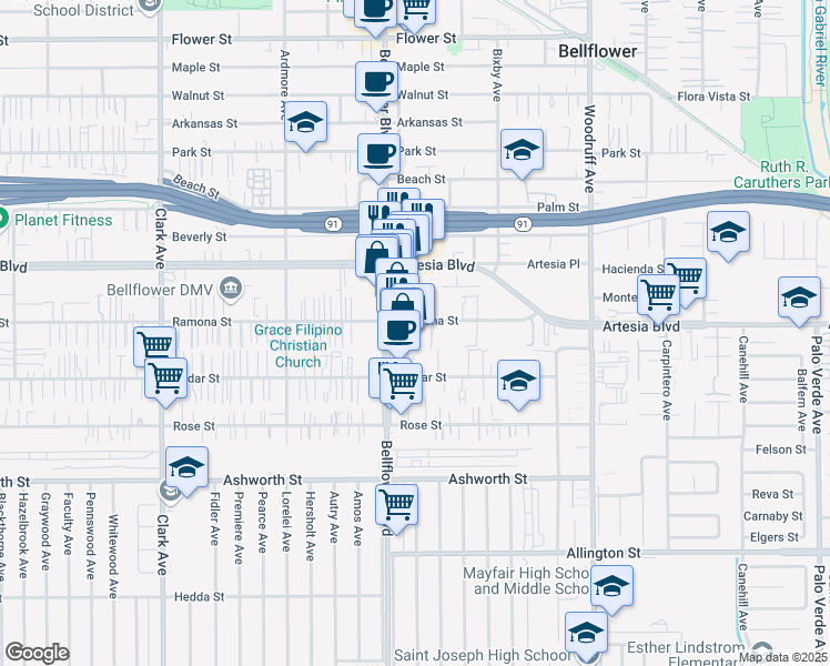 map of restaurants, bars, coffee shops, grocery stores, and more near 9852 Ramona Street in Bellflower