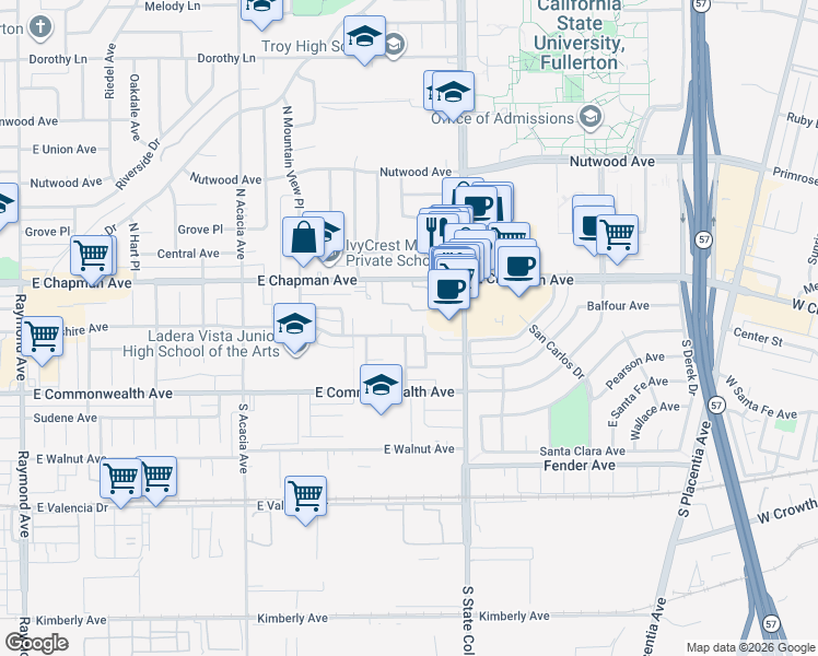 map of restaurants, bars, coffee shops, grocery stores, and more near 2309 East Wilshire Avenue in Fullerton