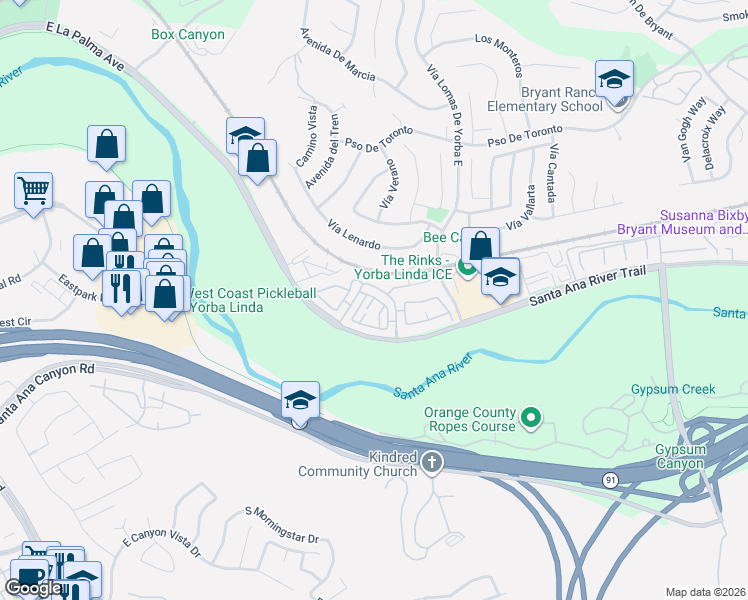map of restaurants, bars, coffee shops, grocery stores, and more near in Yorba Linda