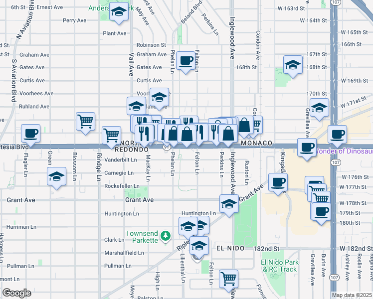 map of restaurants, bars, coffee shops, grocery stores, and more near 2515 Artesia Boulevard in Redondo Beach