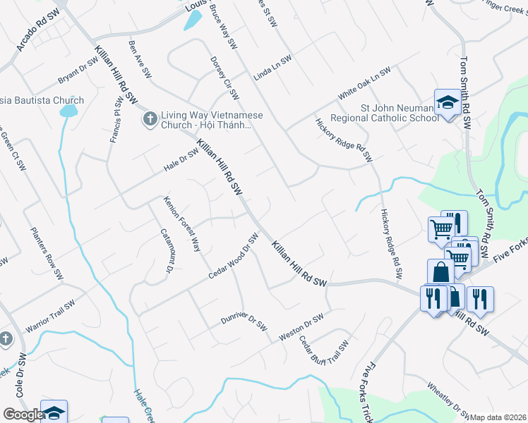 map of restaurants, bars, coffee shops, grocery stores, and more near 4322 Deer Ridge Court Southwest in Lilburn