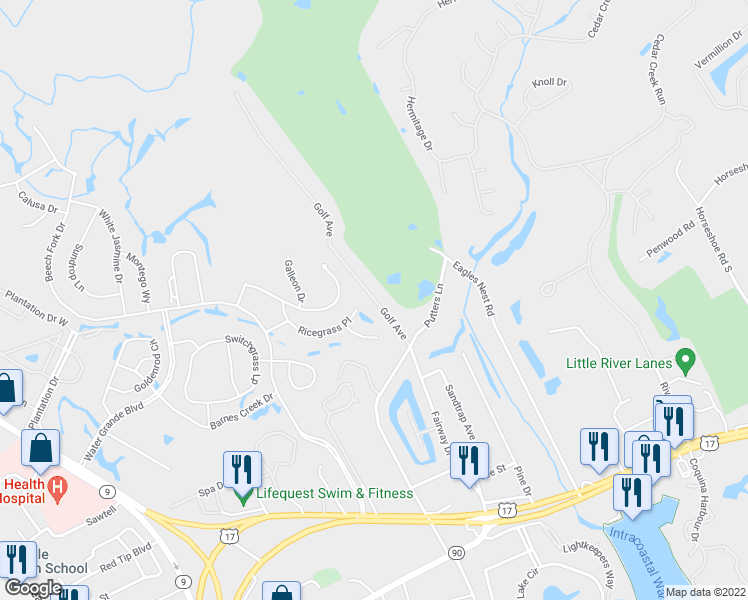 map of restaurants, bars, coffee shops, grocery stores, and more near Golf Avenue in Little River