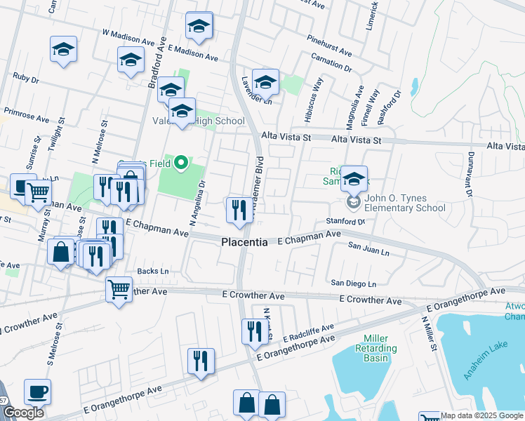 map of restaurants, bars, coffee shops, grocery stores, and more near 415 Marseille Drive in Placentia