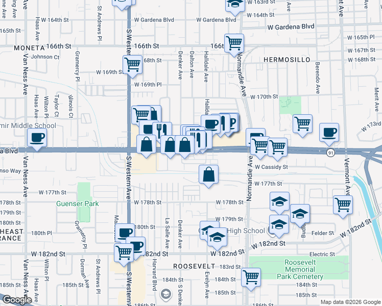map of restaurants, bars, coffee shops, grocery stores, and more near 1540 Artesia Boulevard in Gardena