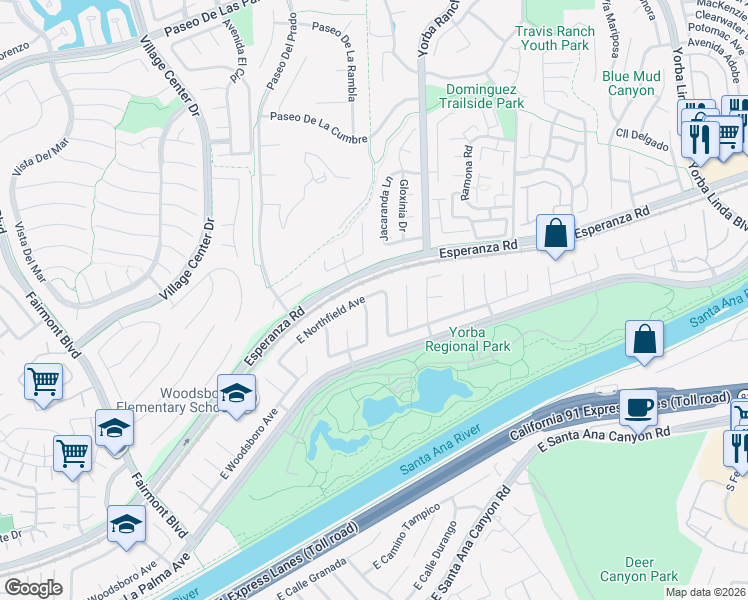 map of restaurants, bars, coffee shops, grocery stores, and more near 7772 East Northfield Avenue in Anaheim