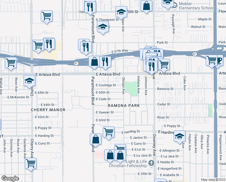 map of restaurants, bars, coffee shops, grocery stores, and more near 3031 East 65th Street in Long Beach