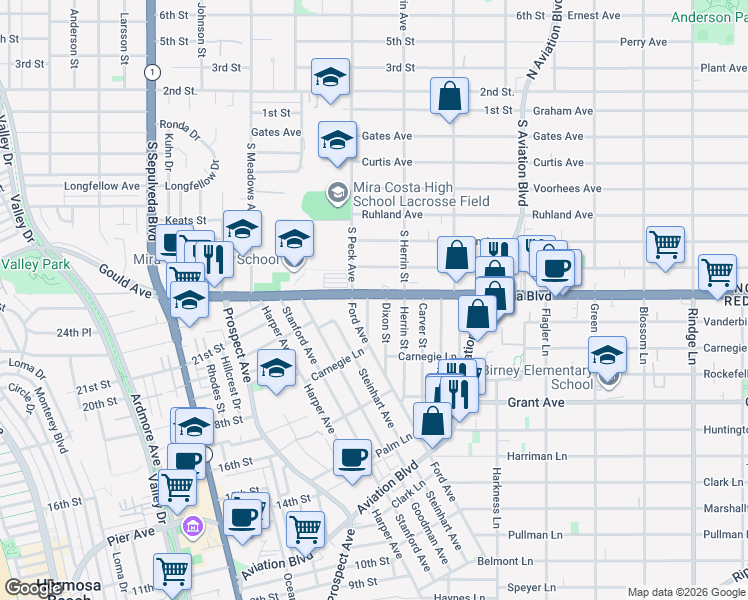 map of restaurants, bars, coffee shops, grocery stores, and more near 1535 Artesia Boulevard in Manhattan Beach