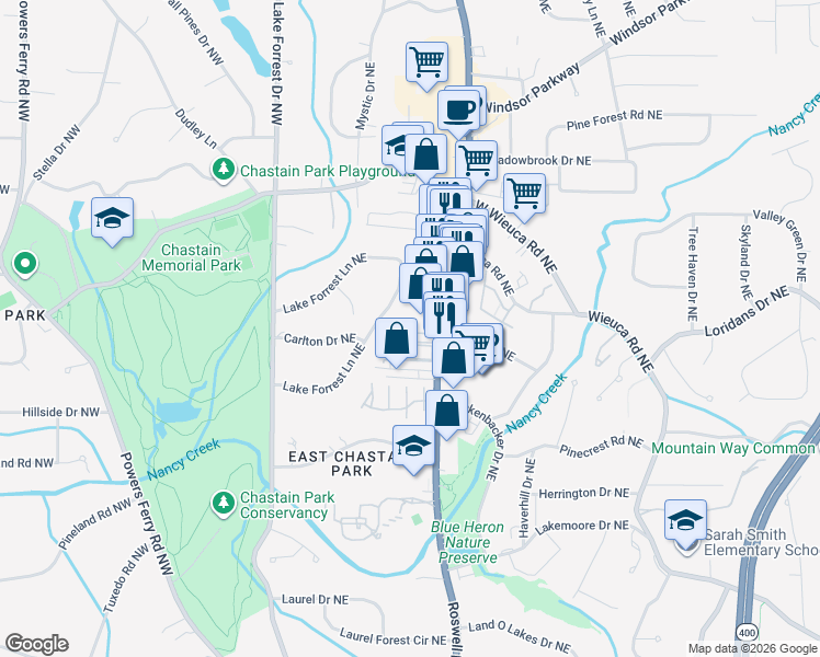 map of restaurants, bars, coffee shops, grocery stores, and more near 4316 Chastain Walk Northeast in Atlanta