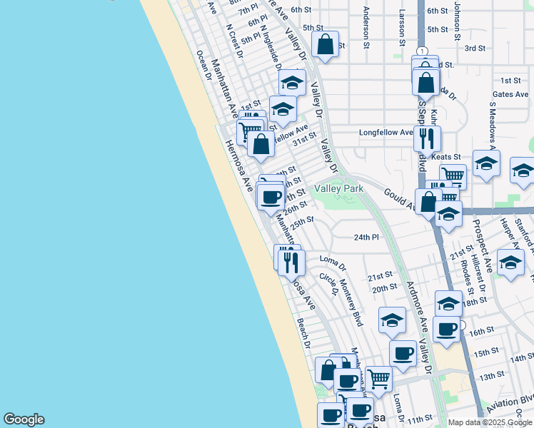 map of restaurants, bars, coffee shops, grocery stores, and more near 2640 Hermosa Avenue in Hermosa Beach
