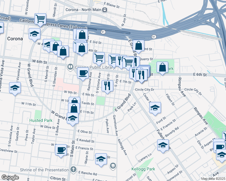 map of restaurants, bars, coffee shops, grocery stores, and more near 800 South Joy Street in Corona