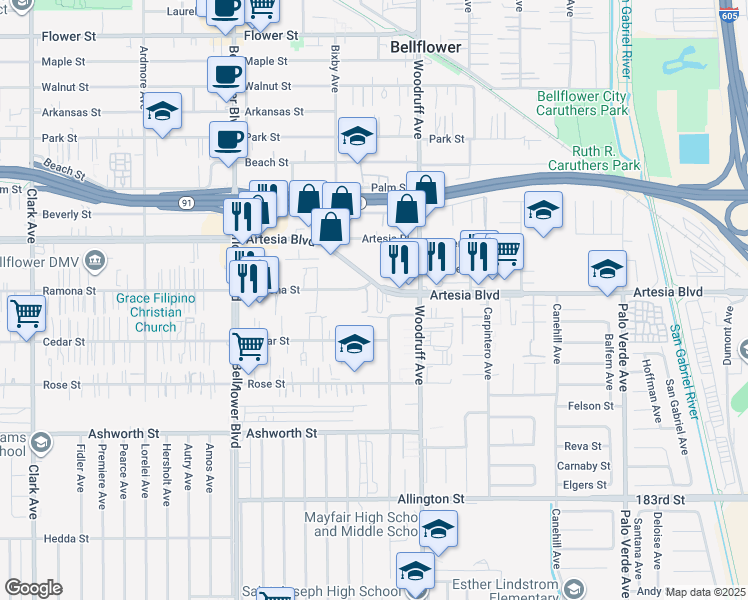 map of restaurants, bars, coffee shops, grocery stores, and more near 17612 Garden House Lane in Bellflower