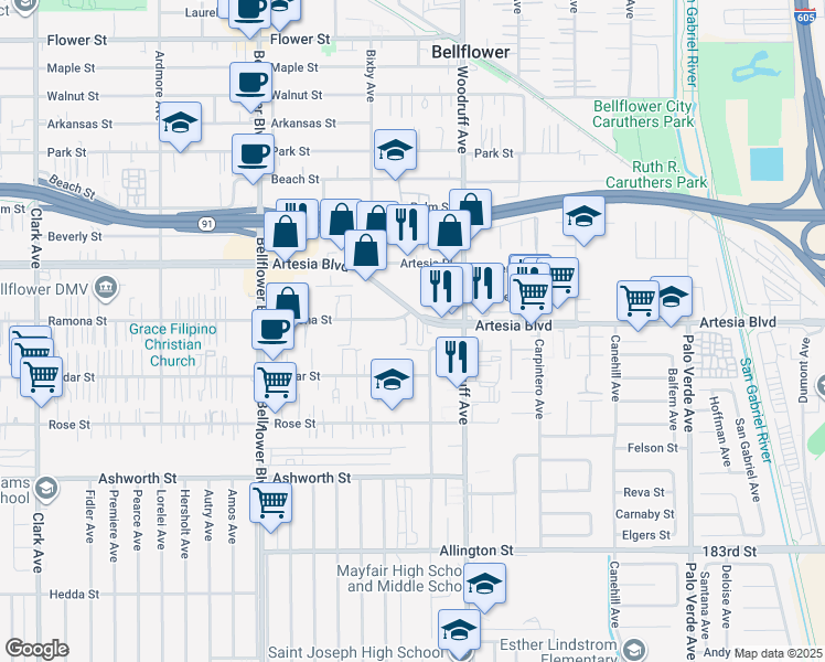 map of restaurants, bars, coffee shops, grocery stores, and more near 10110 Artesia Boulevard in Bellflower