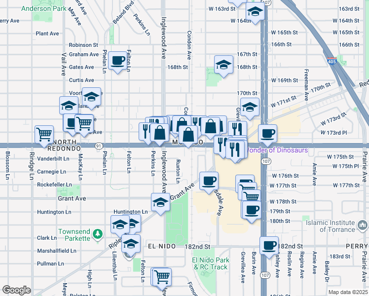map of restaurants, bars, coffee shops, grocery stores, and more near 2750 Condon Avenue in Lawndale