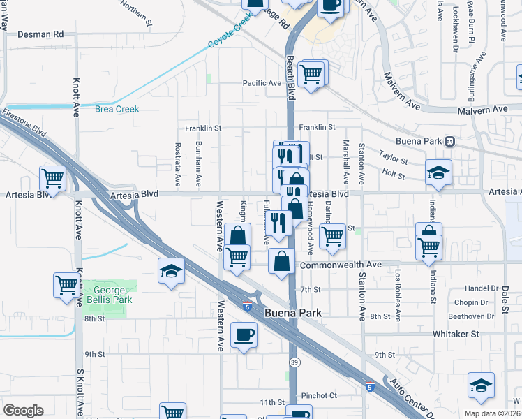 map of restaurants, bars, coffee shops, grocery stores, and more near 6041 Fullerton Avenue in Buena Park