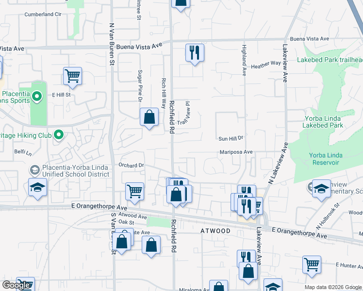 map of restaurants, bars, coffee shops, grocery stores, and more near 17731 Neff Ranch Road in Yorba Linda