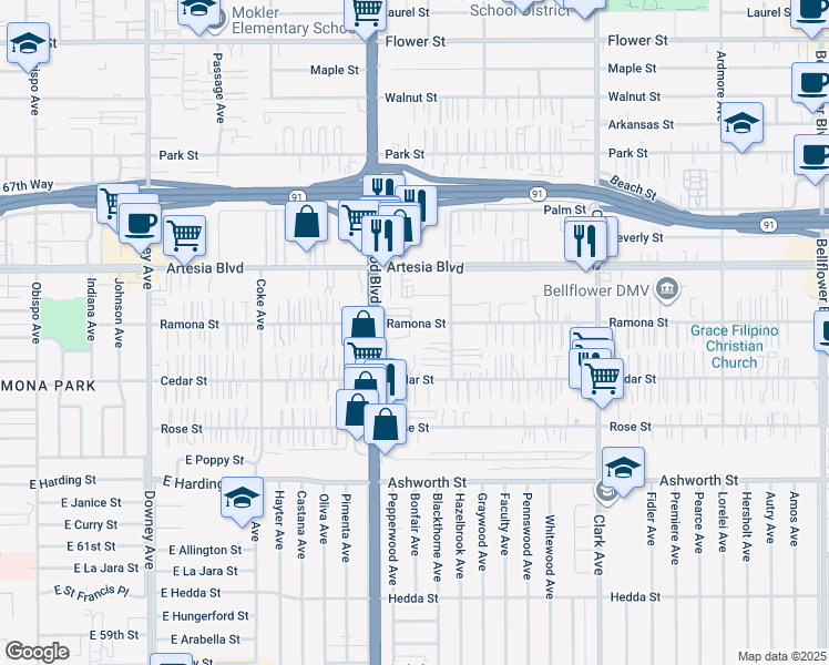 map of restaurants, bars, coffee shops, grocery stores, and more near 9042 Ramona Street in Bellflower
