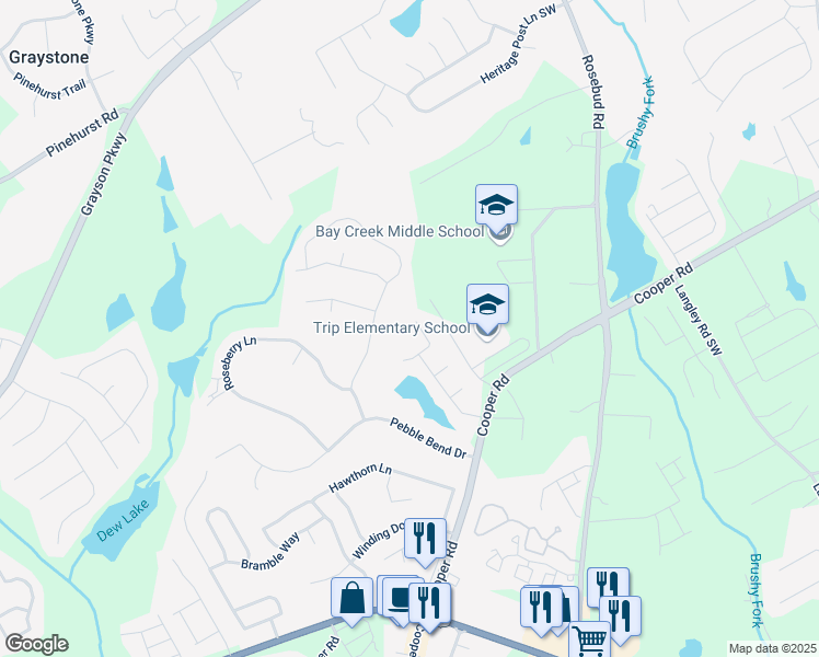 map of restaurants, bars, coffee shops, grocery stores, and more near 2219 Swan Lake Court in Grayson