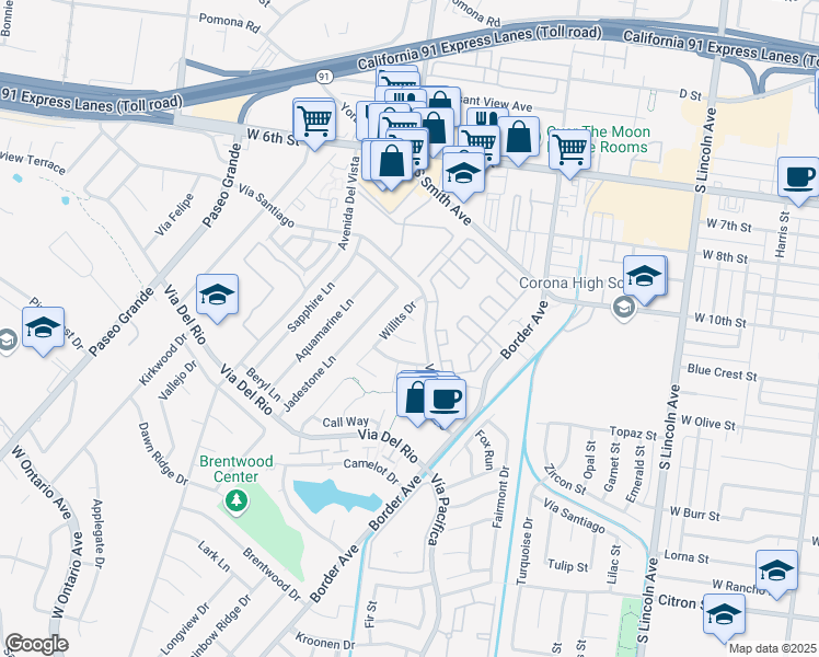 map of restaurants, bars, coffee shops, grocery stores, and more near 1474 Platt Circle in Corona