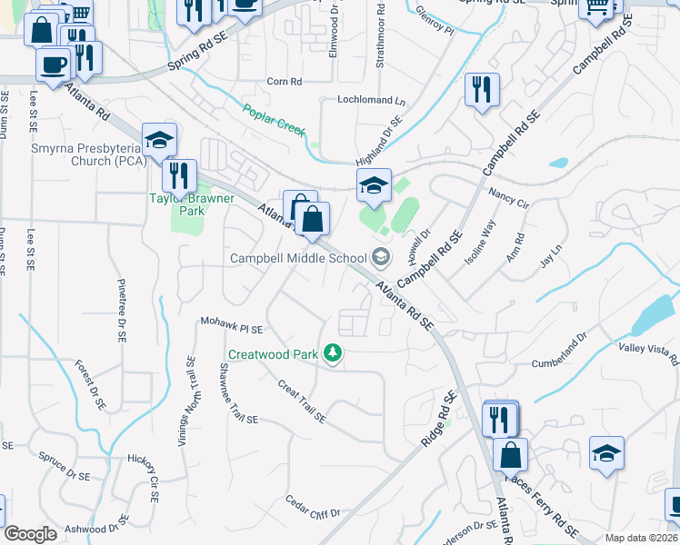 map of restaurants, bars, coffee shops, grocery stores, and more near 31 Villa Court Southeast in Smyrna
