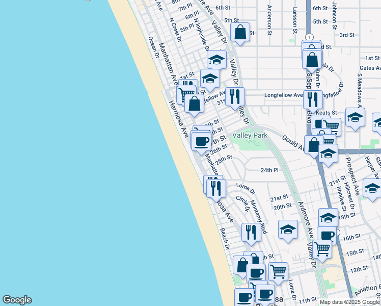 map of restaurants, bars, coffee shops, grocery stores, and more near 2654 The Strand in Hermosa Beach