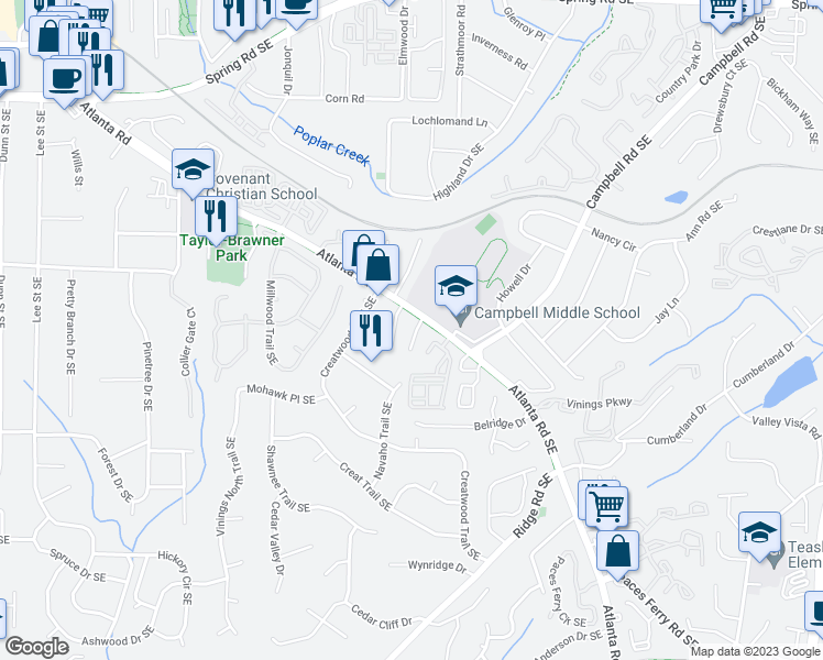 map of restaurants, bars, coffee shops, grocery stores, and more near 31 Villa Court Southeast in Smyrna