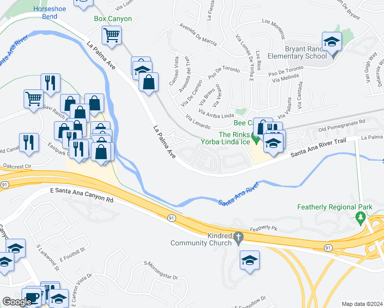 map of restaurants, bars, coffee shops, grocery stores, and more near 6065 Nantucket Lane in Yorba Linda
