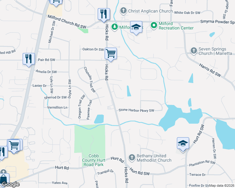 map of restaurants, bars, coffee shops, grocery stores, and more near 3322 Carolina Wren Trail in Marietta