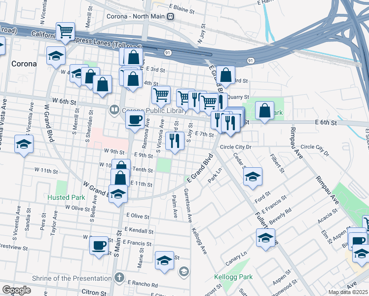 map of restaurants, bars, coffee shops, grocery stores, and more near 800 South Joy Street in Corona