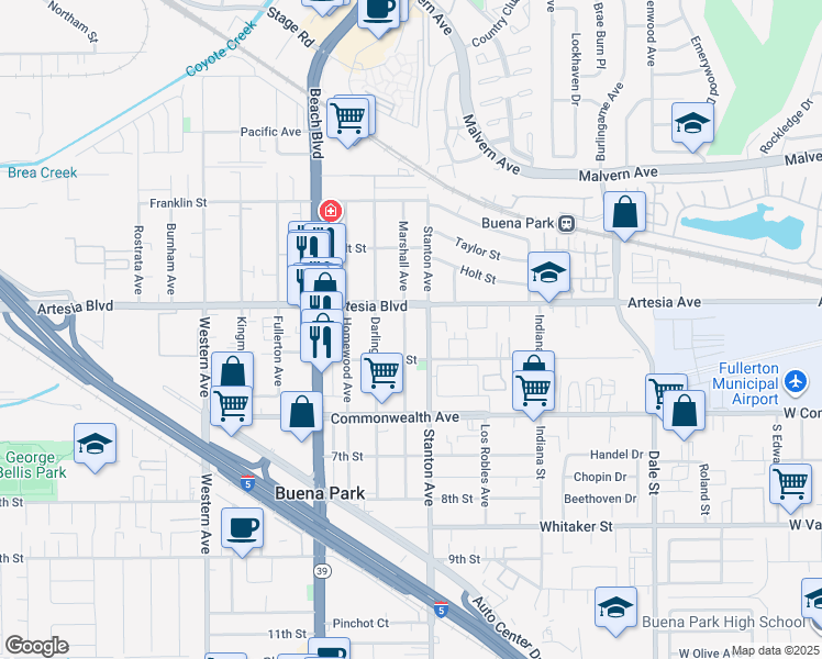 map of restaurants, bars, coffee shops, grocery stores, and more near 6052 Marshall Avenue in Buena Park