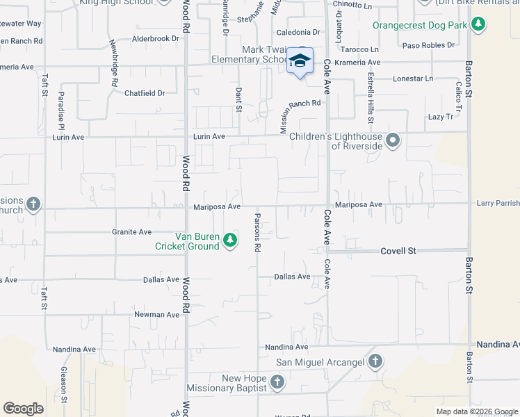 map of restaurants, bars, coffee shops, grocery stores, and more near 17000 Parsons Road in Riverside