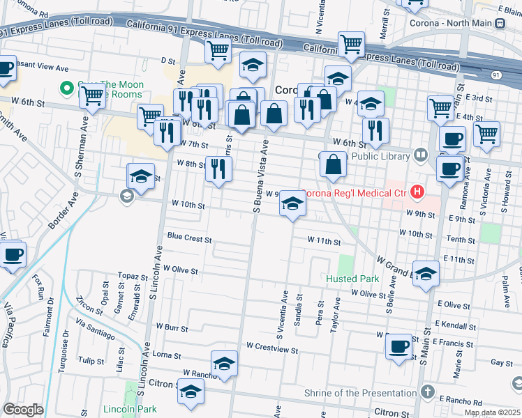 map of restaurants, bars, coffee shops, grocery stores, and more near 838 West 9th Street in Corona