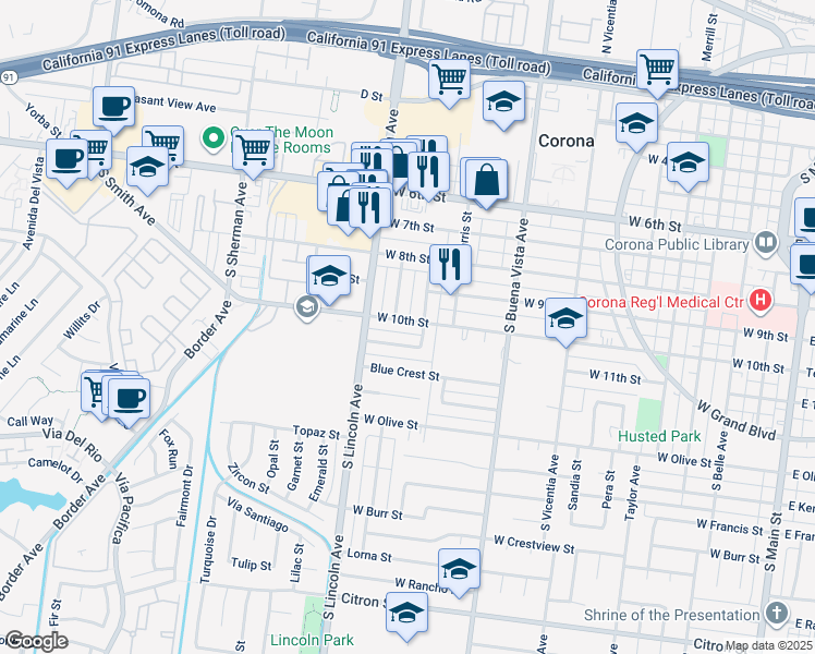 map of restaurants, bars, coffee shops, grocery stores, and more near 924 Wakefield Avenue in Corona