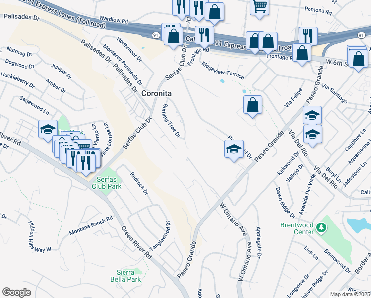 map of restaurants, bars, coffee shops, grocery stores, and more near 2096 Monterey Peninsula Drive in Corona