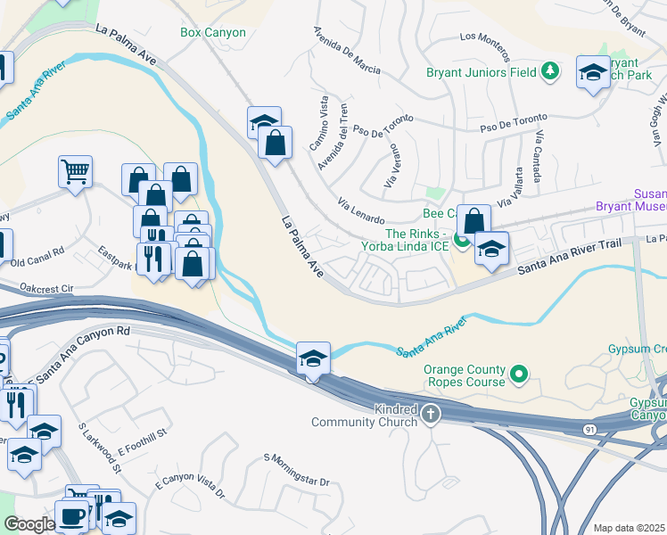 map of restaurants, bars, coffee shops, grocery stores, and more near 23220 Newport Lane in Yorba Linda