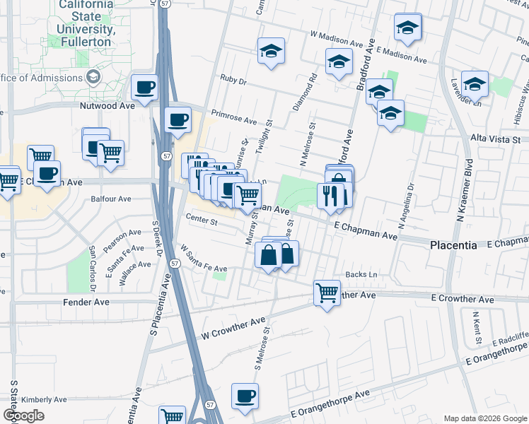map of restaurants, bars, coffee shops, grocery stores, and more near 415 West Chapman Avenue in Placentia