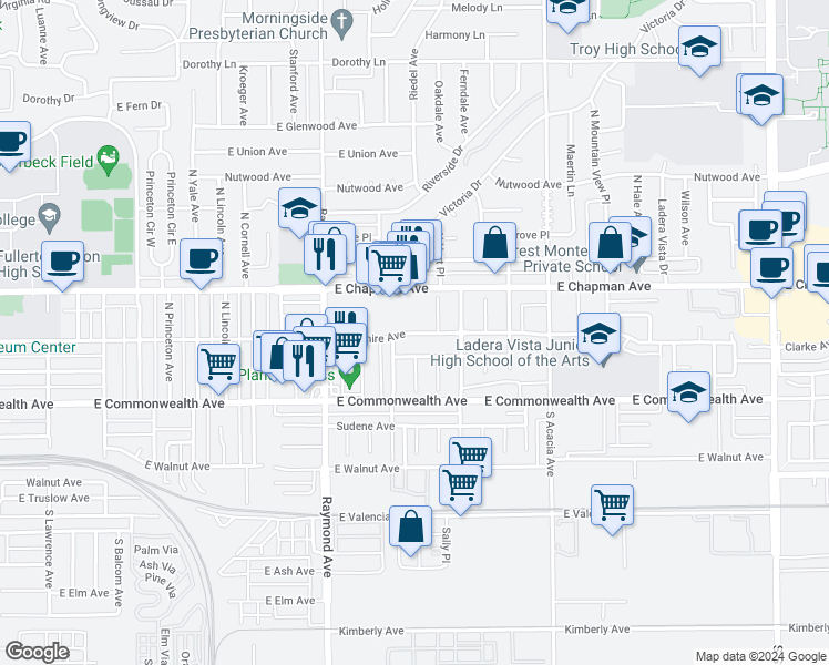 map of restaurants, bars, coffee shops, grocery stores, and more near 307 North Hart Place in Fullerton